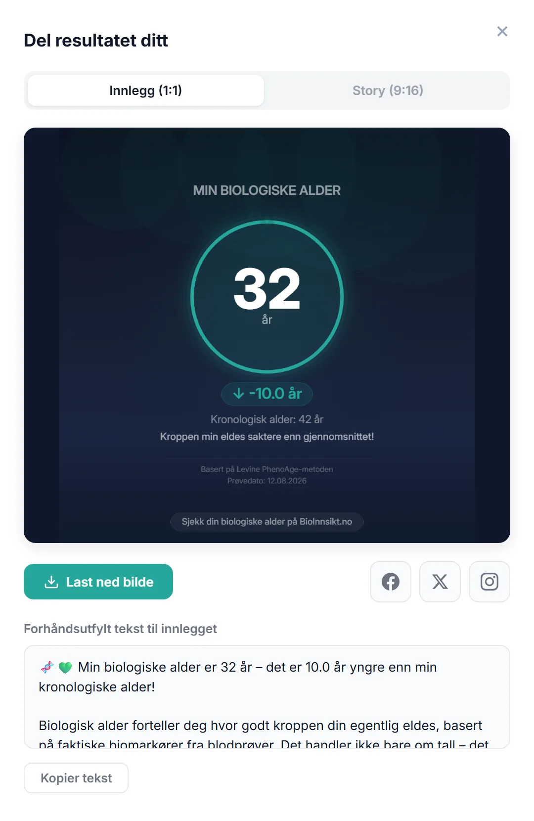 Del resultatet ditt: ferdig bilde for innlegg (1:1), nedlasting, deling til Facebook, X og Instagram, og forhåndsutfylt tekst