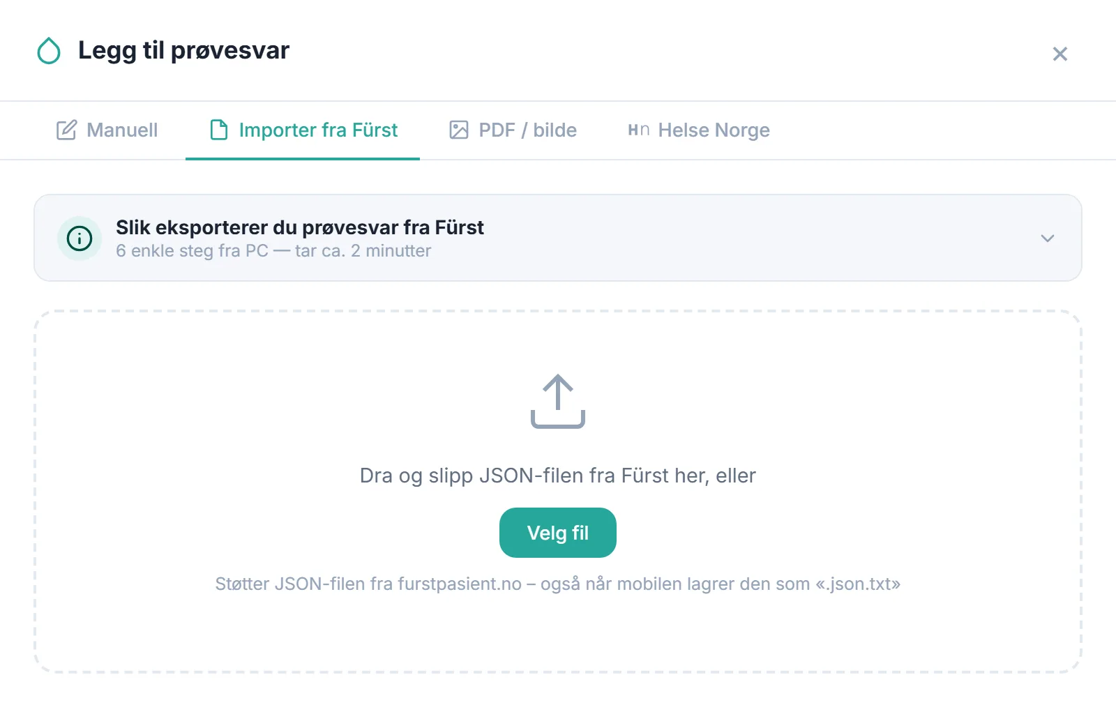 Legg til prøvesvar: import av JSON-filen fra Fürst