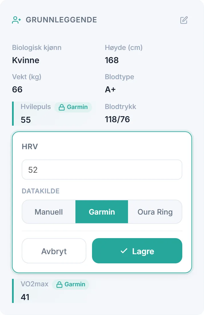 Datakilde for HRV i helseprofilen: manuell, Garmin eller Oura Ring. Verdien låses og oppdateres automatisk fra valgt enhet