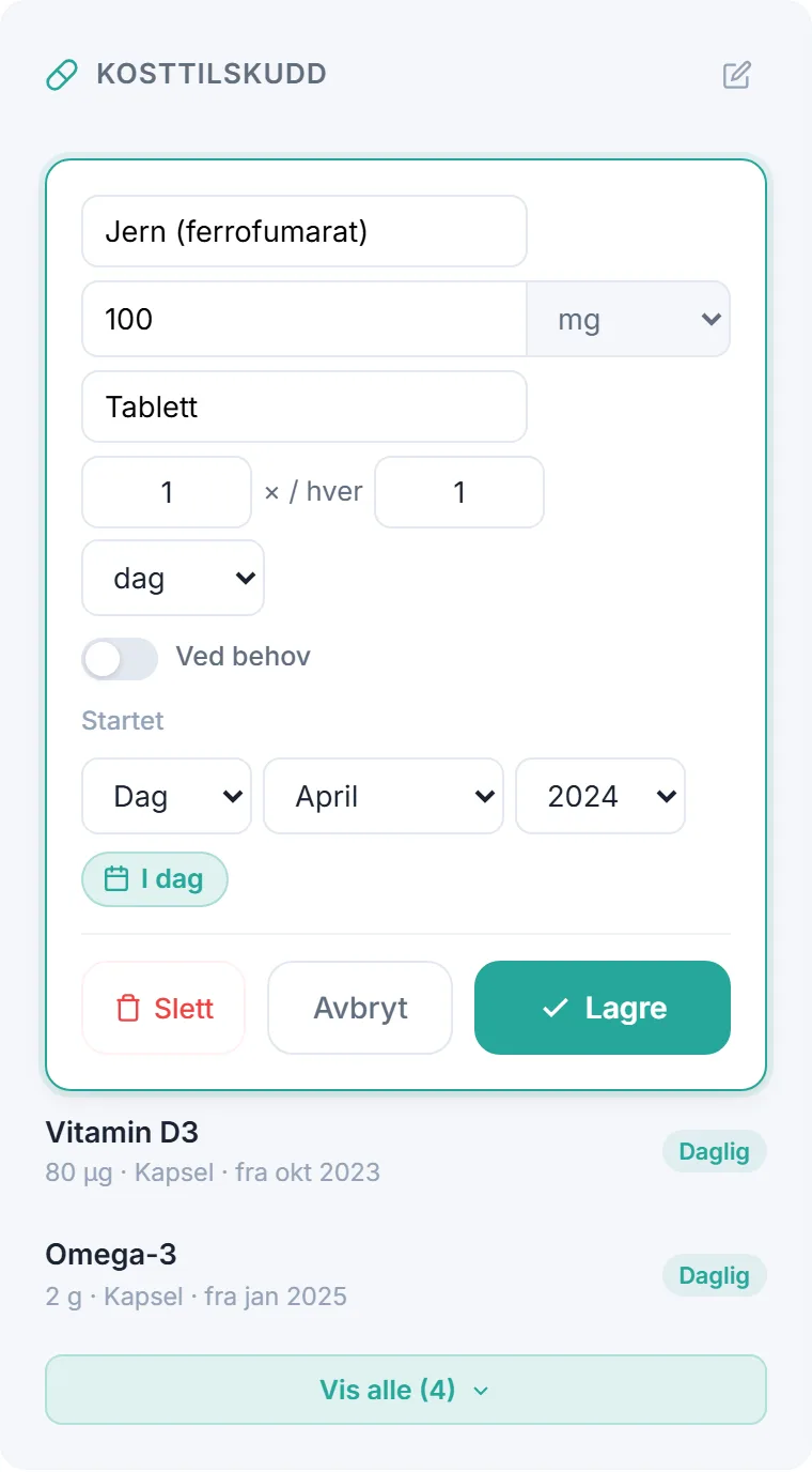 Redigering av et kosttilskudd i helseprofilen: navn, dose, form, hvor ofte det tas og når det ble startet
